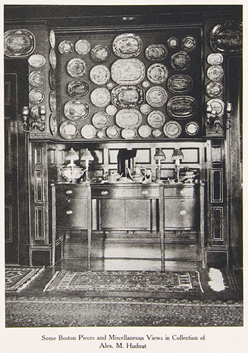 Fig 7. ‘Group of American Views’ in the collection of Alex. M Hudnut.Alexander M. Hudnut, ‘Dark Blue Staffordshire Historical China Depicting American Scenes Suggestions to Inexperienced Collectors’, AHAG, 8:6 June 1911, pp. 236-240. Note the Harewood House platter at the apogee of the display.Courtesy, Winterthur Library: Printed Books & Periodicals Collection